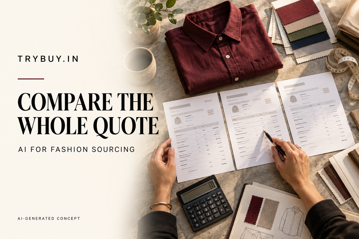 KI-generated editorial cover: COMPARE THE WHOLE QUOTE. KI FOR FASHION SOURCING.