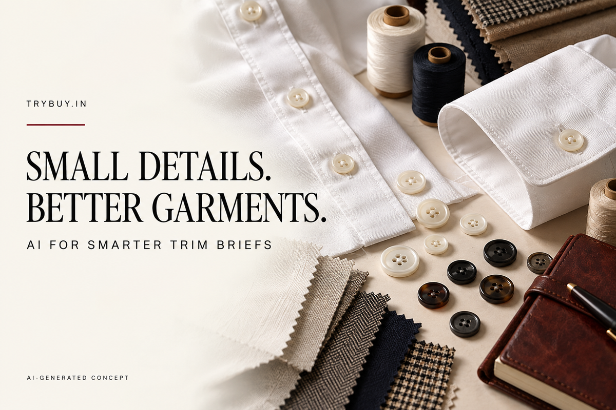 AI-generated editorial cover: SMALL DETAILS. BETTER GARMENTS. AI FOR SMARTER TRIM BRIEFS.