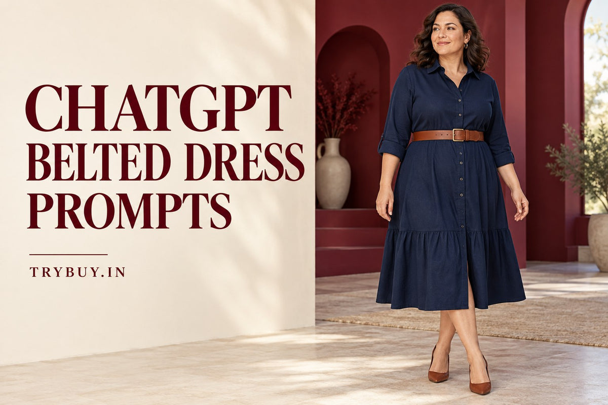 KI-generated adult woman wearing a navy shirt dress with a cognac waist belt, titled ChatGPT Belted Dress Prompts.
