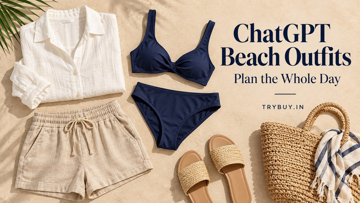 AI-generated beach-outfit flat lay with navy swimwear, ivory shirt and beige shorts; text reads ChatGPT Beach Outfits — Plan the Whole Day