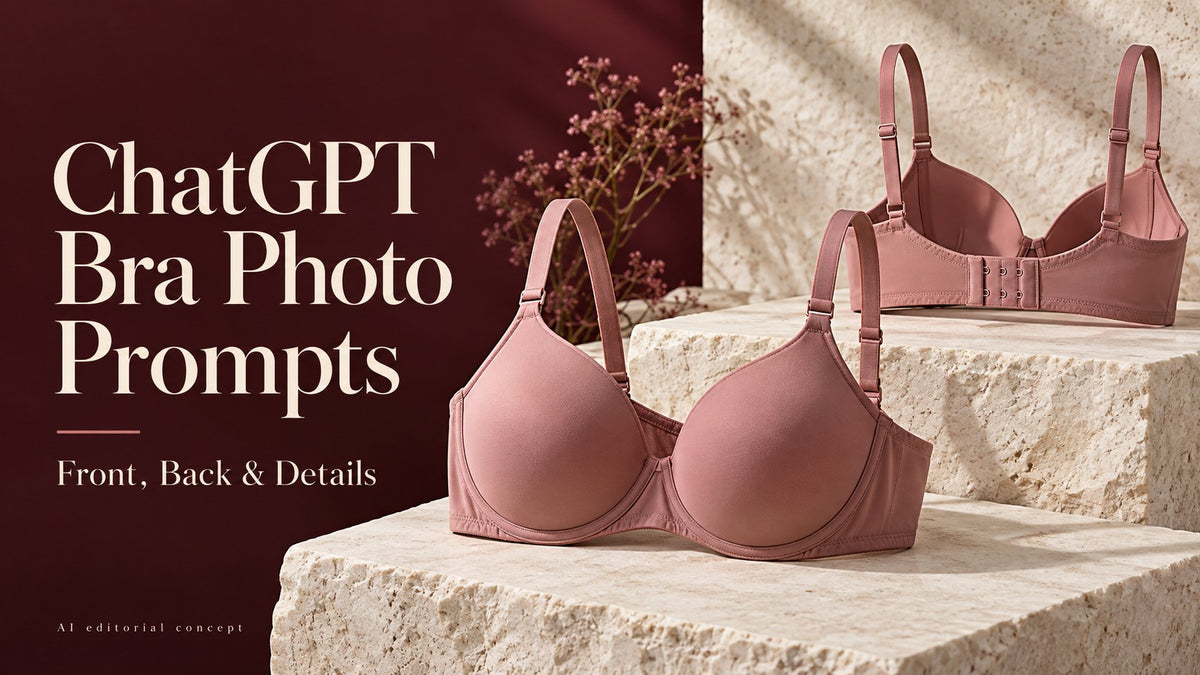 AI-generated dusty-rose bra front and back concepts; text reads ChatGPT Bra Photo Prompts, Front, Back & Details.