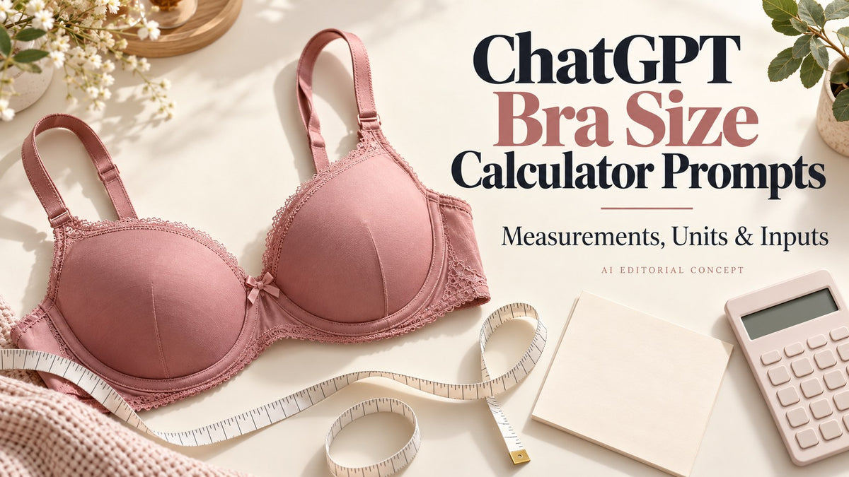 Dusty rose fictional bra, measuring tape and calculator with ChatGPT Bra Size Calculator Prompts typography.