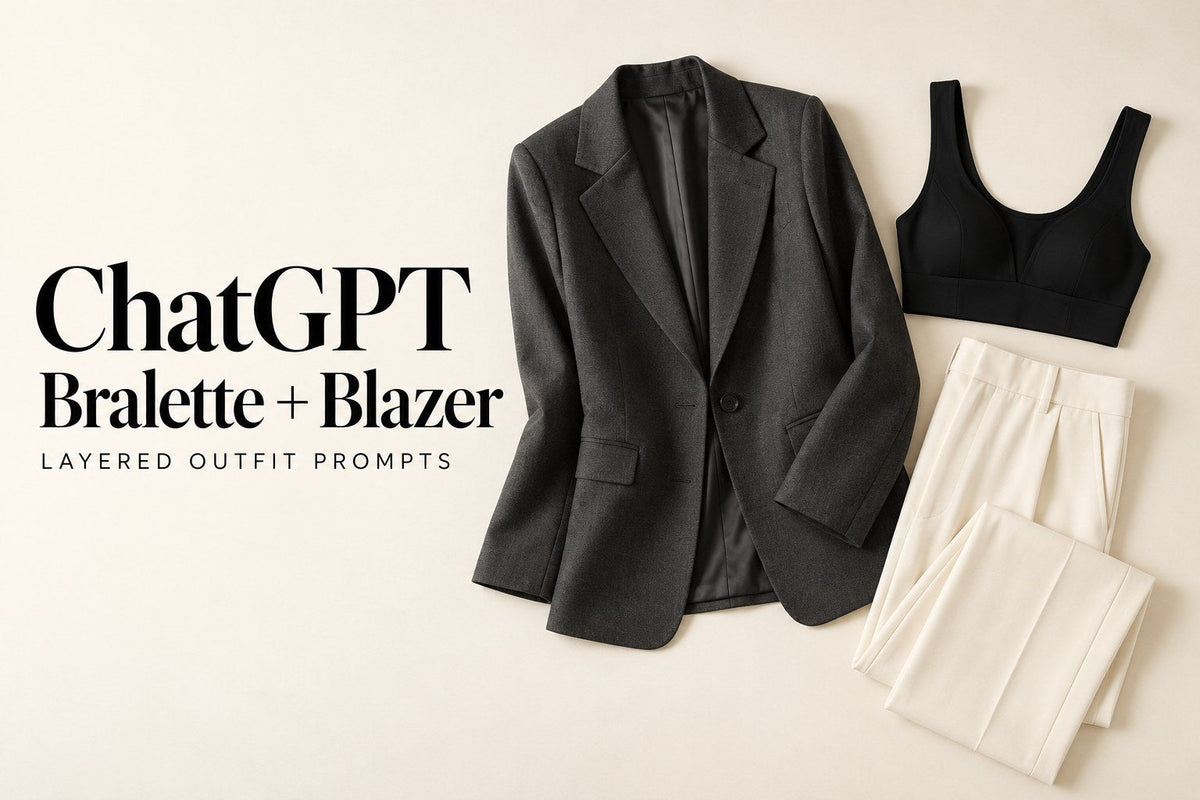 IA-generated flat lay of a black bralette, charcoal blazer and cream trousers; text reads ChatGPT Bralette + Blazer.
