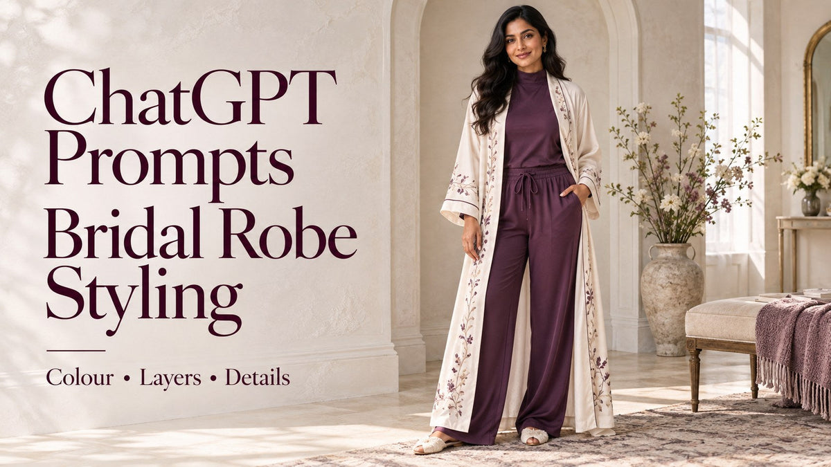 IA-generated woman in plum pyjamas and an ivory floral robe beside the text ChatGPT prompts: Bridal Robe Styling.