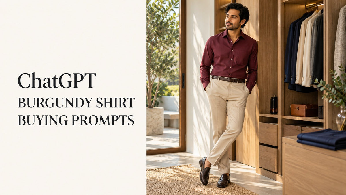 AI-generated editorial concept of an adult man in a fictional burgundy shirt and beige chinos, with the text ChatGPT Burgundy Shirt Buying Prompts.