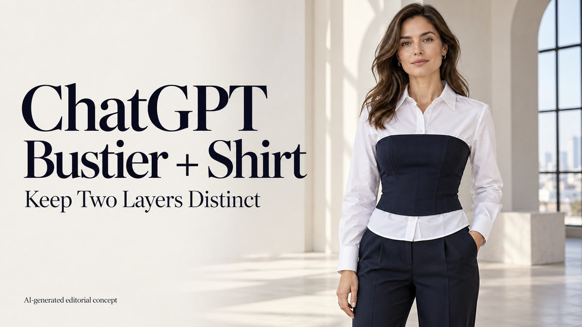 IA editorial adult woman in an opaque white collared shirt beneath a navy outer bustier, with ChatGPT title text.