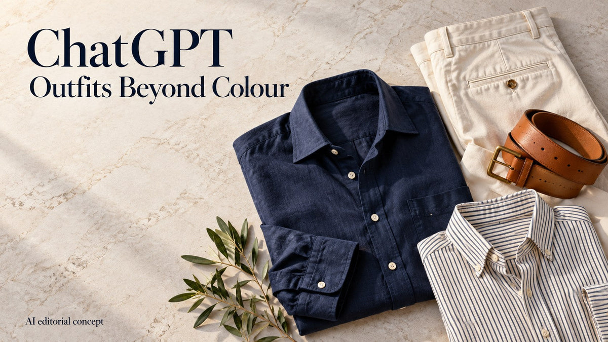 AI editorial flat lay of contrasting shirts and trousers, with text ChatGPT Outfits Beyond Colour.