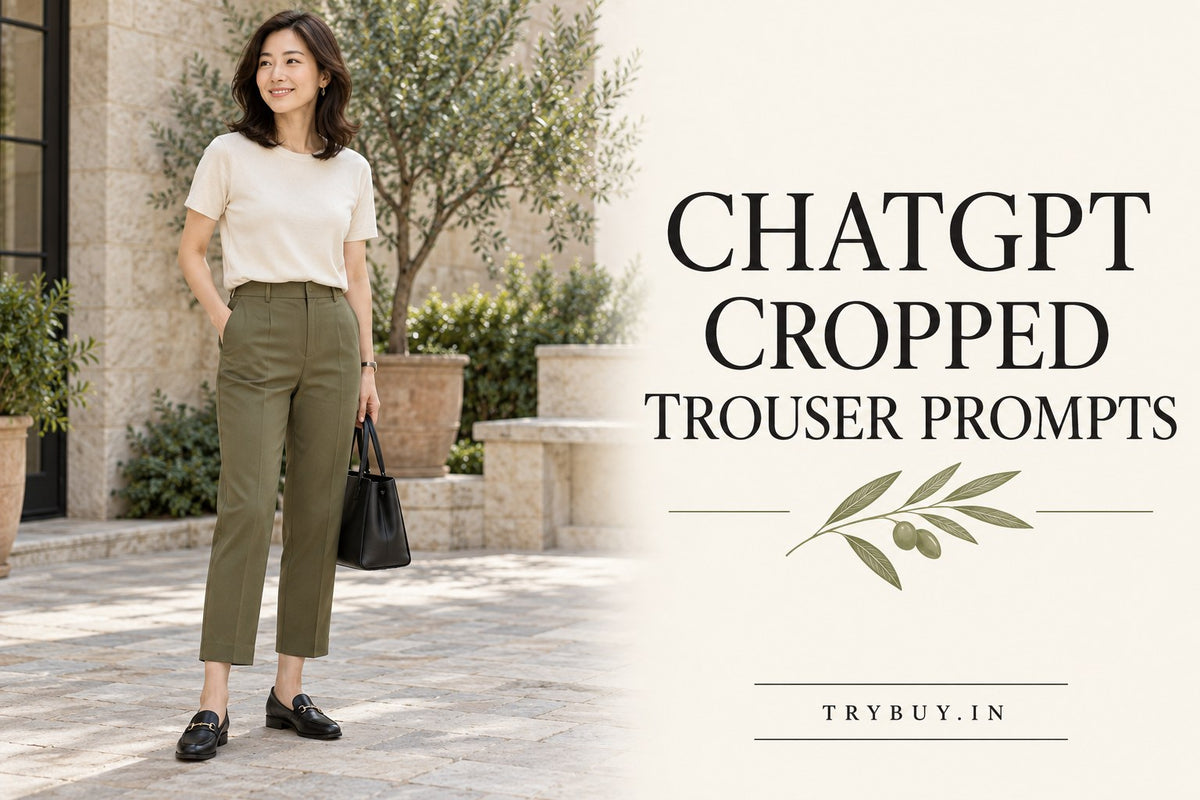 AI-generated editorial concept of an adult woman in olive cropped trousers and black loafers, with the text ChatGPT Cropped Trouser Prompts.
