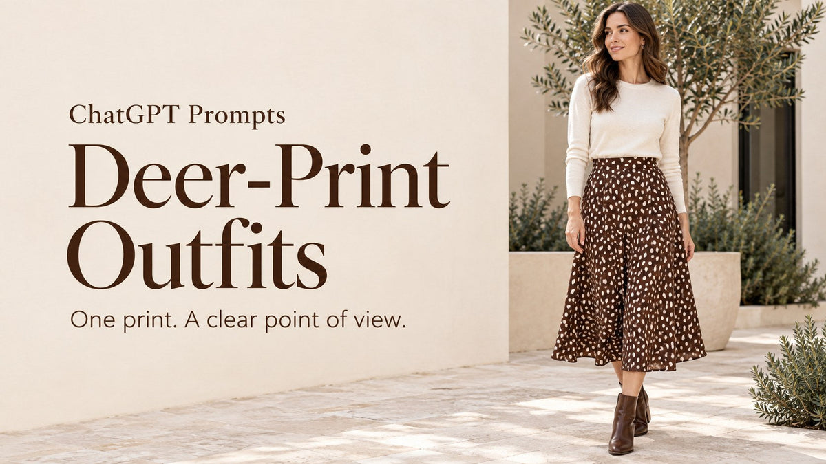 AI-generated woman in a small-spotted brown midi skirt and ivory top
