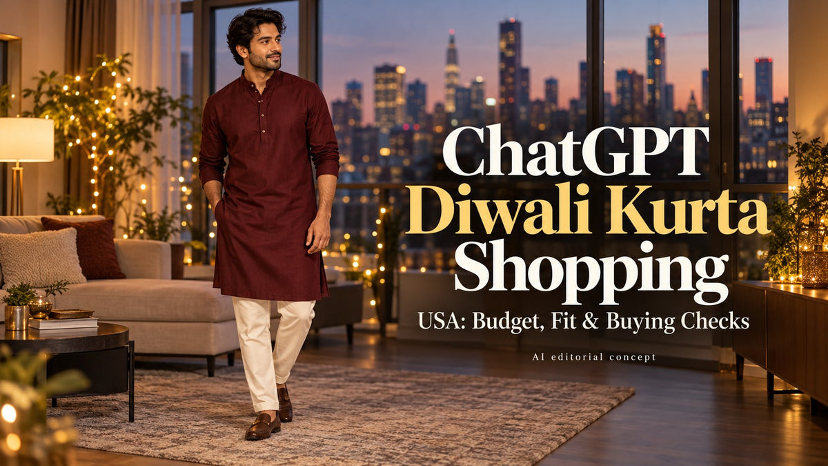 Fictional adult man in a burgundy kurta and ivory pyjamas, with ChatGPT Diwali Kurta Shopping and USA buying-check typography.