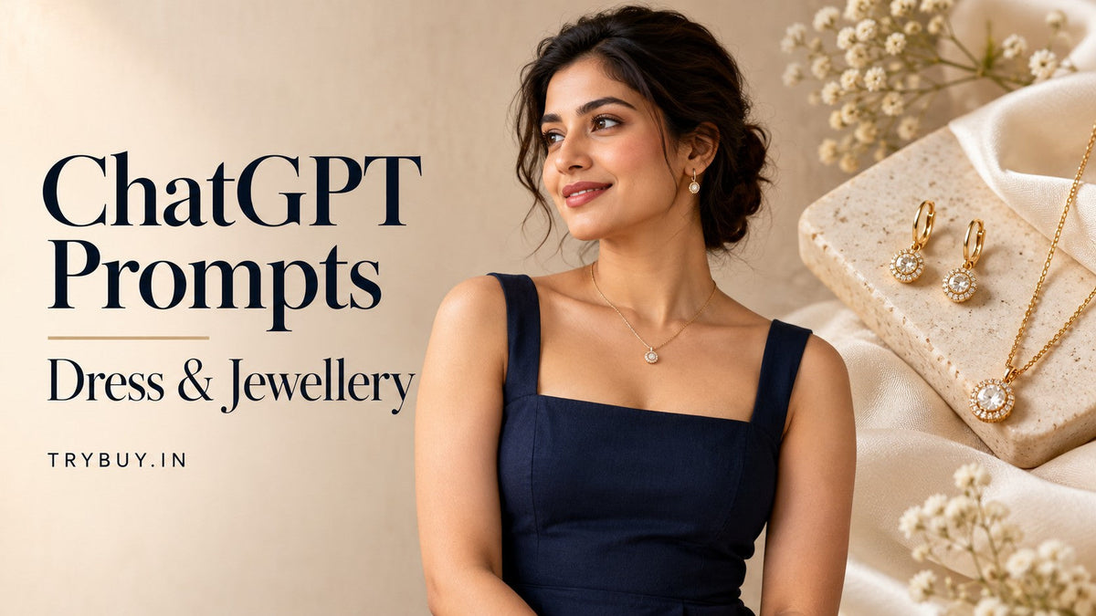 AI-generated editorial cover reading ChatGPT prompts — Dress et Jewellery, showing a navy square neckline, pendant and earrings