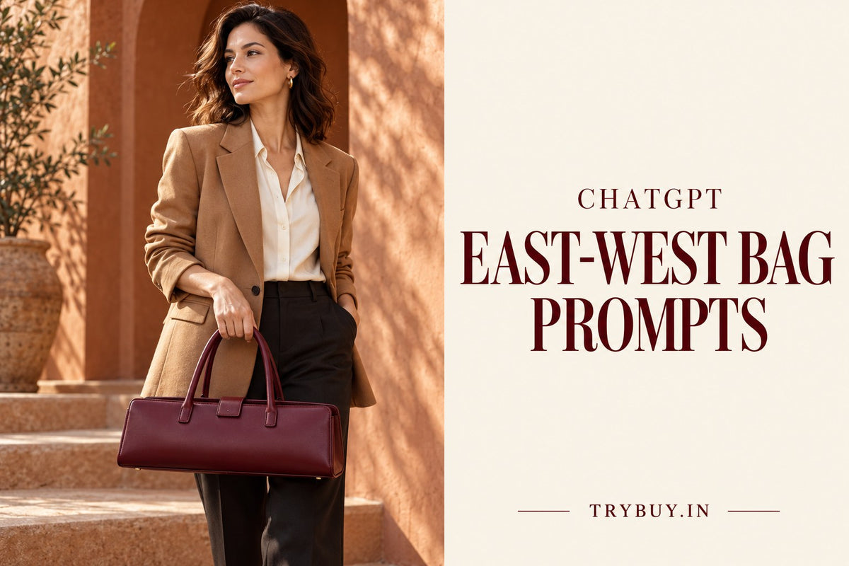KI-generated editorial concept of an adult woman carrying a long horizontal burgundy bag with a neutral outfit, with the text ChatGPT East-West Bag Prompts.