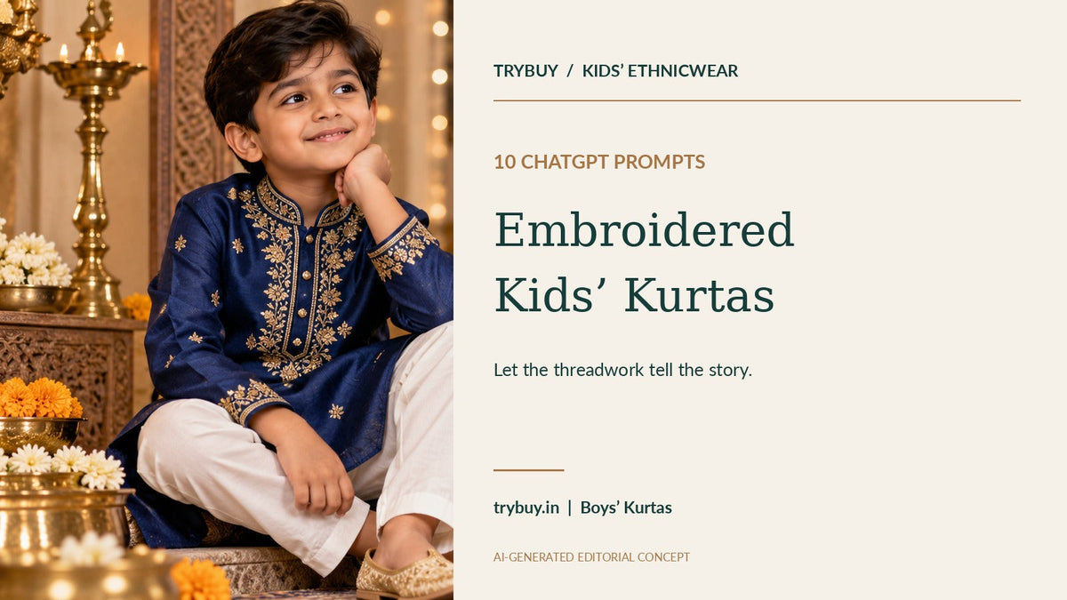 AI-generated navy kids’ kurta cover with 10 ChatGPT embroidery photo prompts