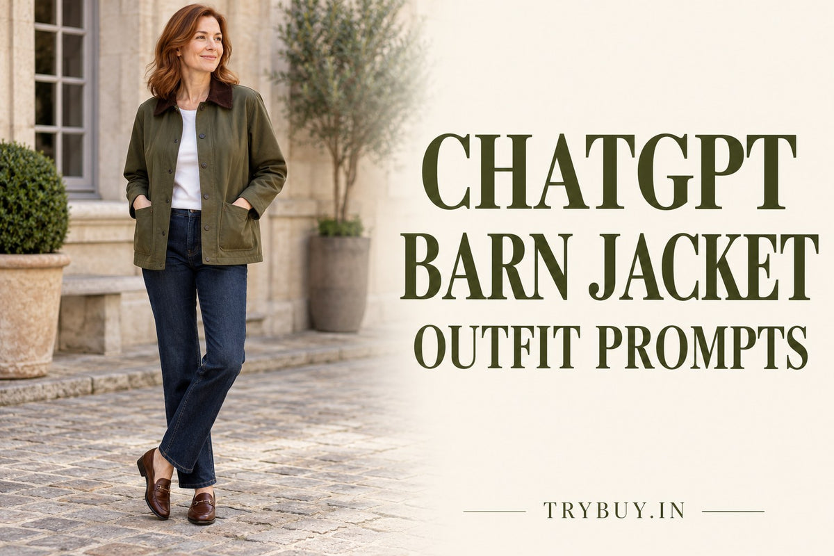 AI-generated editorial concept of an adult woman in an olive contrast-collar barn jacket, dark jeans and brown loafers, with the text ChatGPT Barn Jacket Outfit Prompts.