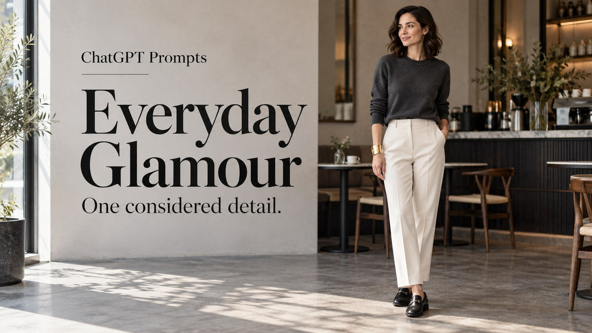 AI-generated woman in a charcoal top and cream trousers with one gold-coloured cuff