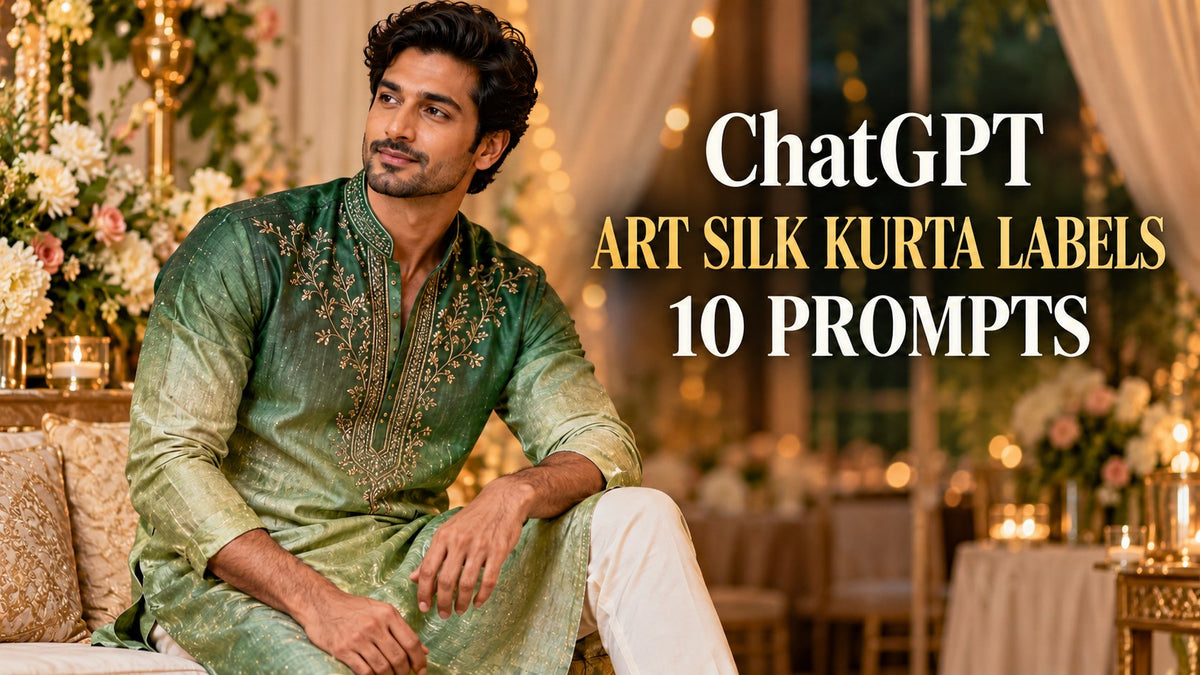 AI-generated editorial concept for art silk kurta labels, with ChatGPT and ART SILK KURTA LABELS text. Fictional garments, not actual inventory.