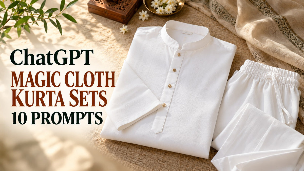 AI-generated editorial concept for Magic Cloth kurta-pyjama set labels, with ChatGPT and MAGIC CLOTH KURTA SETS text. Fictional garments, not actual inventory.