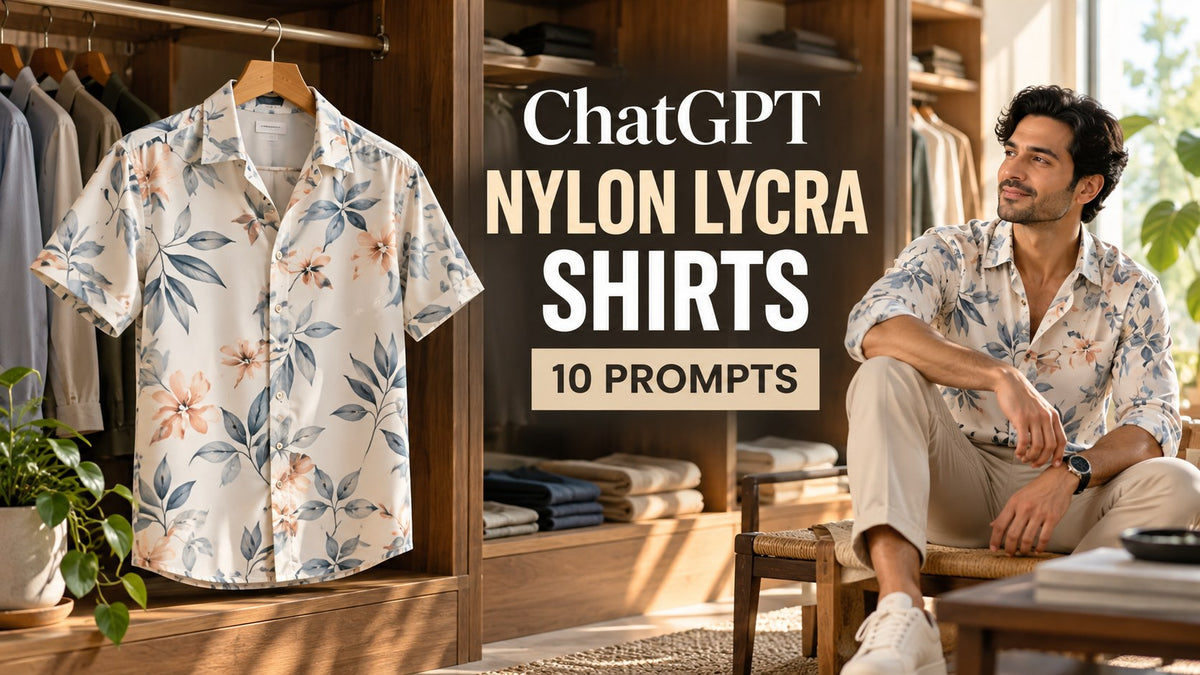 AI-generated editorial concept for nylon Lycra shirt labels, with ChatGPT and NYLON LYCRA SHIRTS text. Fictional garments, not actual inventory.