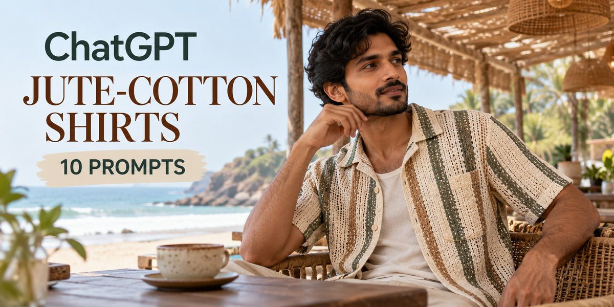 AI-generated editorial concept for jute cotton shirt labels, with ChatGPT and JUTE-COTTON SHIRTS text. Fictional garments, not actual inventory.