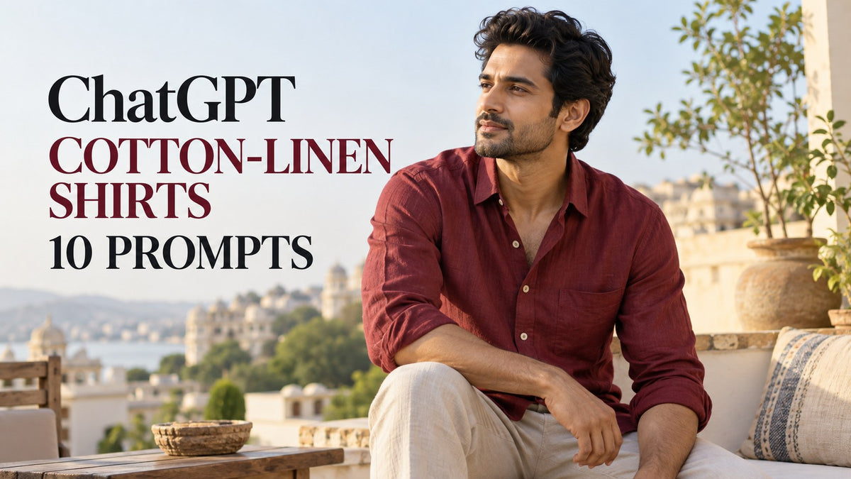 IA-generated editorial concept for cotton-linen blend shirt labels, with ChatGPT and COTTON-LINEN SHIRTS text. Fictional garments, not actual inventory.