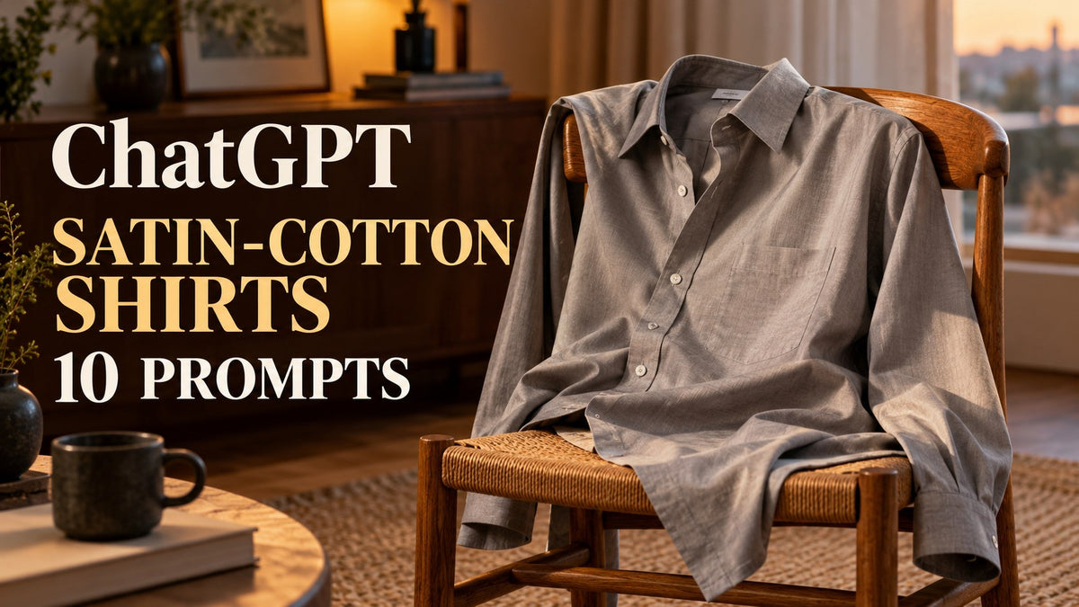 AI-generated editorial concept for satin cotton shirt labels, with ChatGPT and SATIN-COTTON SHIRTS text. Fictional garments, not actual inventory.