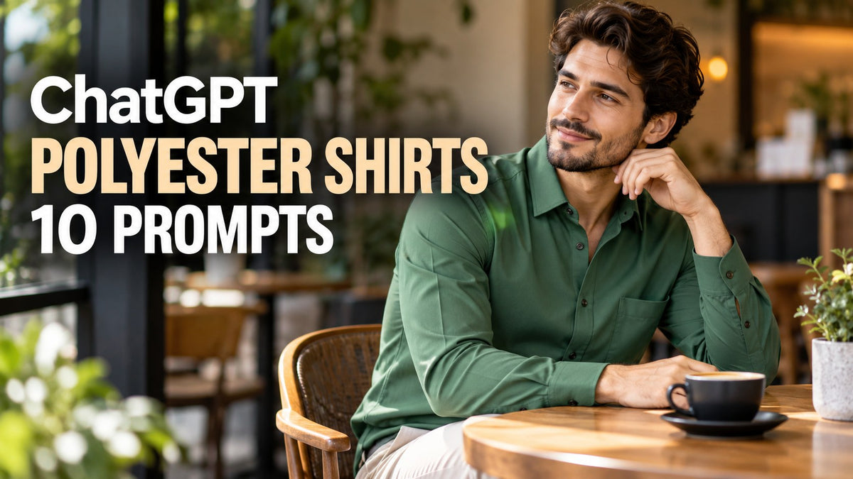 AI-generated editorial concept for polyester shirt labels, with ChatGPT and POLYESTER SHIRTS text. Fictional garments, not actual inventory.