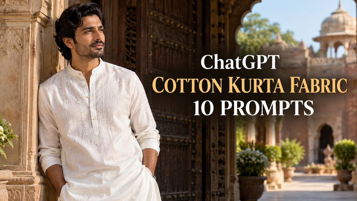 IA-generated editorial concept for cotton kurta labels, with ChatGPT and COTTON KURTA FABRIC text. Fictional garments, not actual inventory.