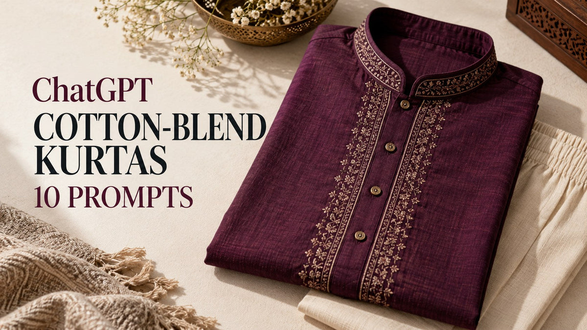 AI-generated editorial concept for cotton blend kurta labels, with ChatGPT and COTTON-BLEND KURTAS text. Fictional garments, not actual inventory.