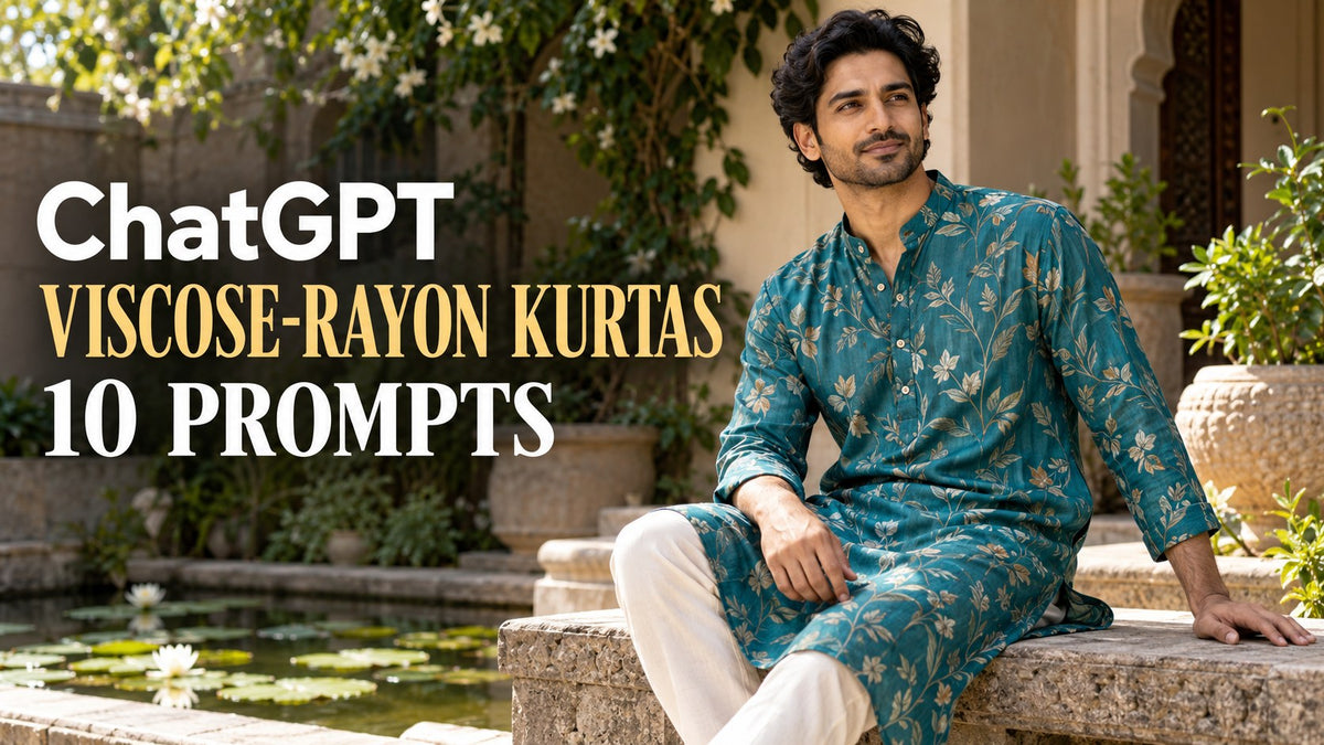 AI-generated editorial concept for viscose rayon kurta labels, with ChatGPT and VISCOSE-RAYON KURTAS text. Fictional garments, not actual inventory.