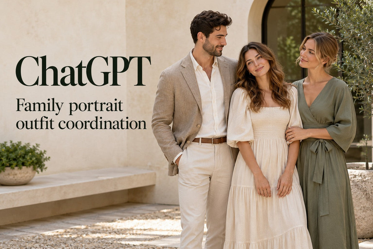 AI-generated editorial concept for Family portrait outfit coordination, with readable ChatGPT topic text.