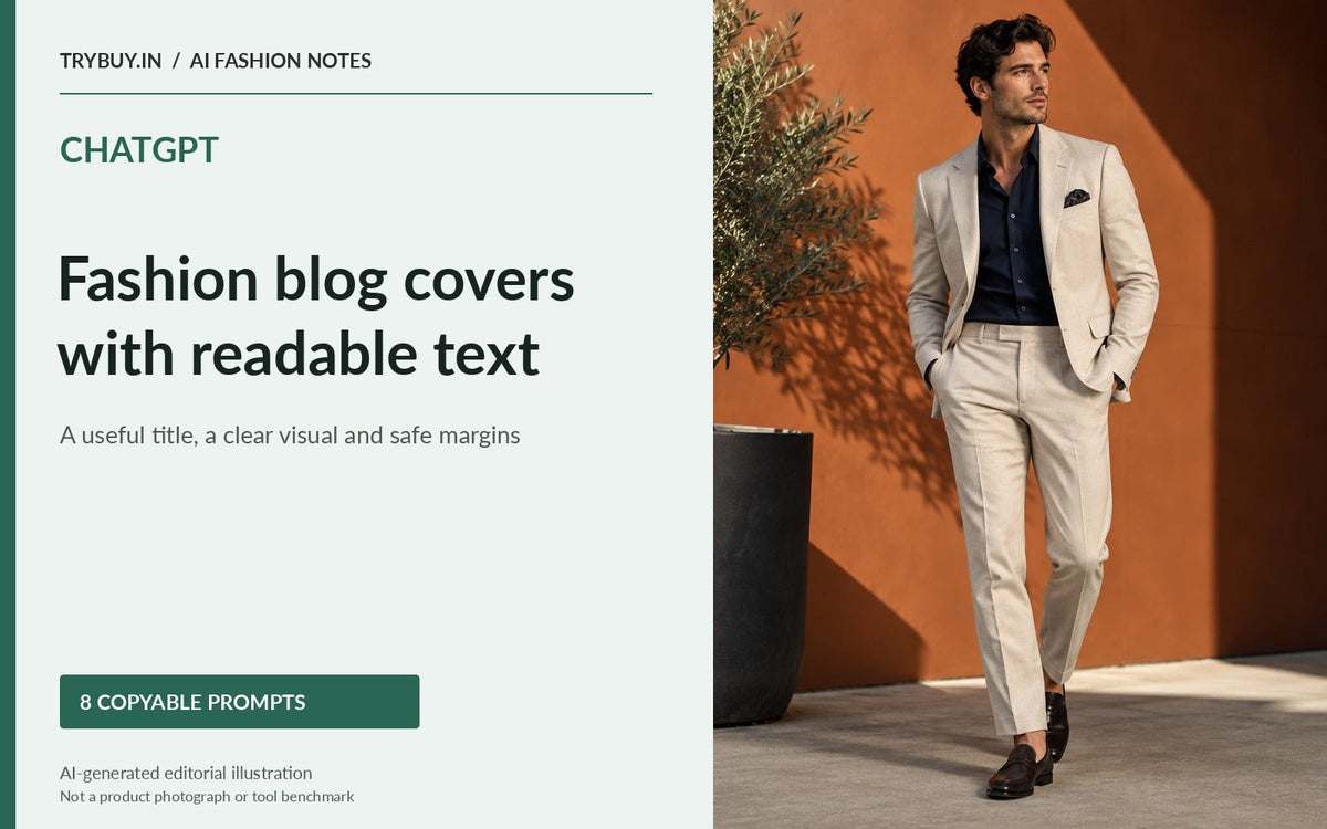 ChatGPT fashion blog-cover prompt guide with a readable title panel beside an editorial menswear portrait; AI-generated illustration.