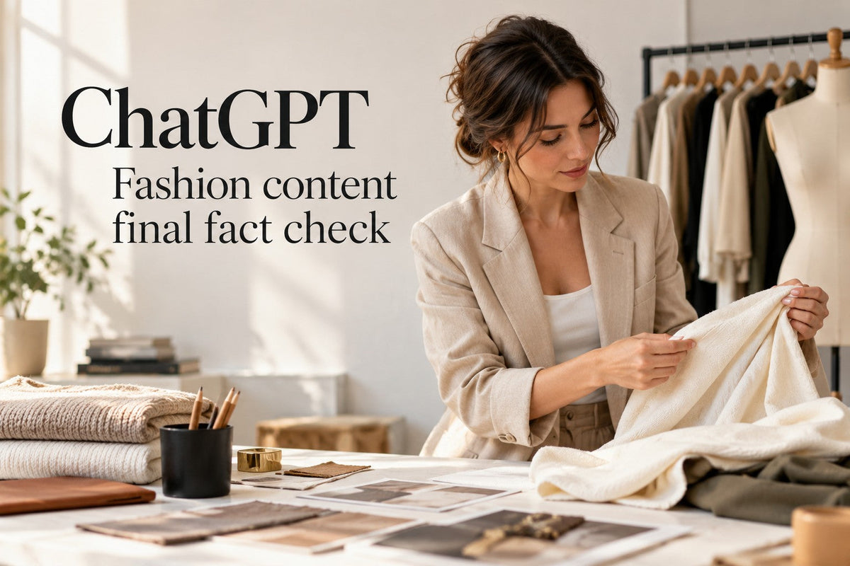 KI-generated editorial concept for Fashion content final fact check, with readable ChatGPT topic text.