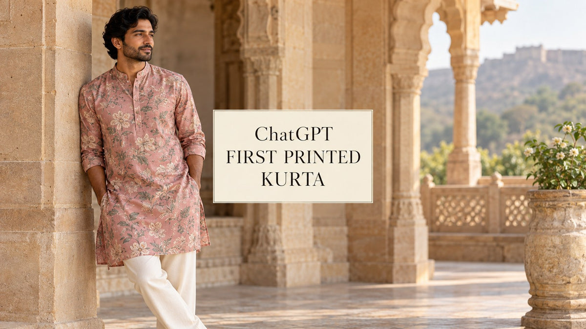 IA-generated editorial concept of an adult man in a pink botanical printed kurta, with the text ChatGPT First stampato kurta.