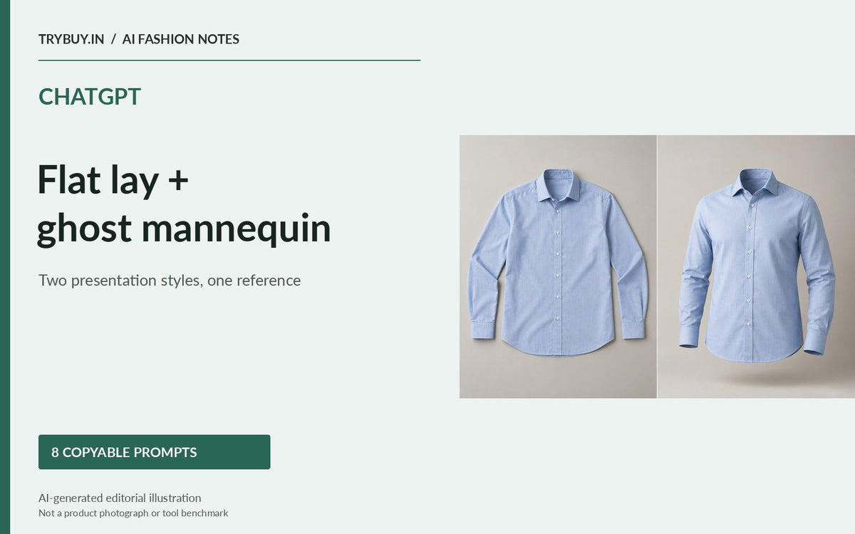 ChatGPT flat-lay and ghost-mannequin shirt prompt guide with two pale-blue shirt concepts; illustrative AI artwork, not evidence of product construction.