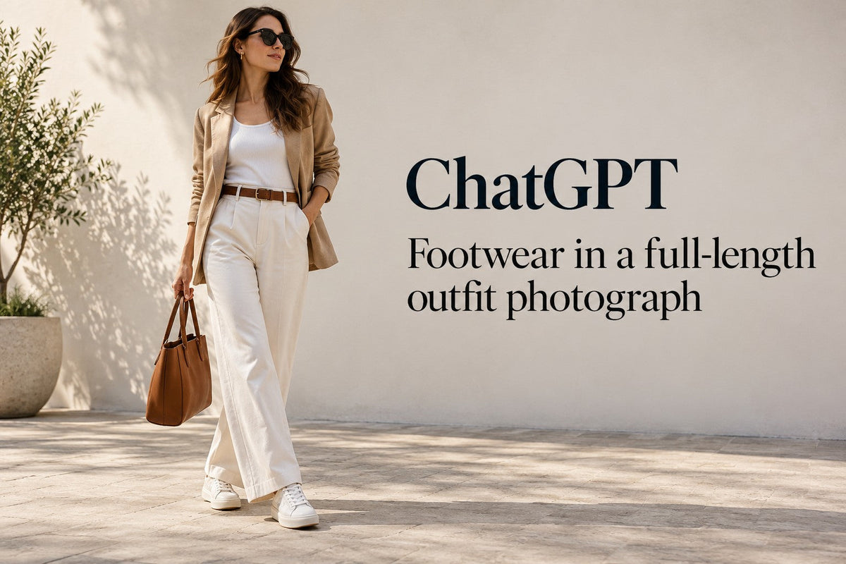 AI-generated editorial concept for Footwear in a full-length outfit photograph, with readable ChatGPT topic text.