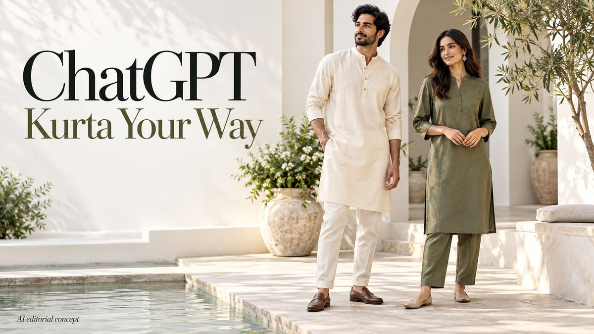AI editorial concept of two adults in cream and olive kurtas, with text ChatGPT Kurta Your Way.