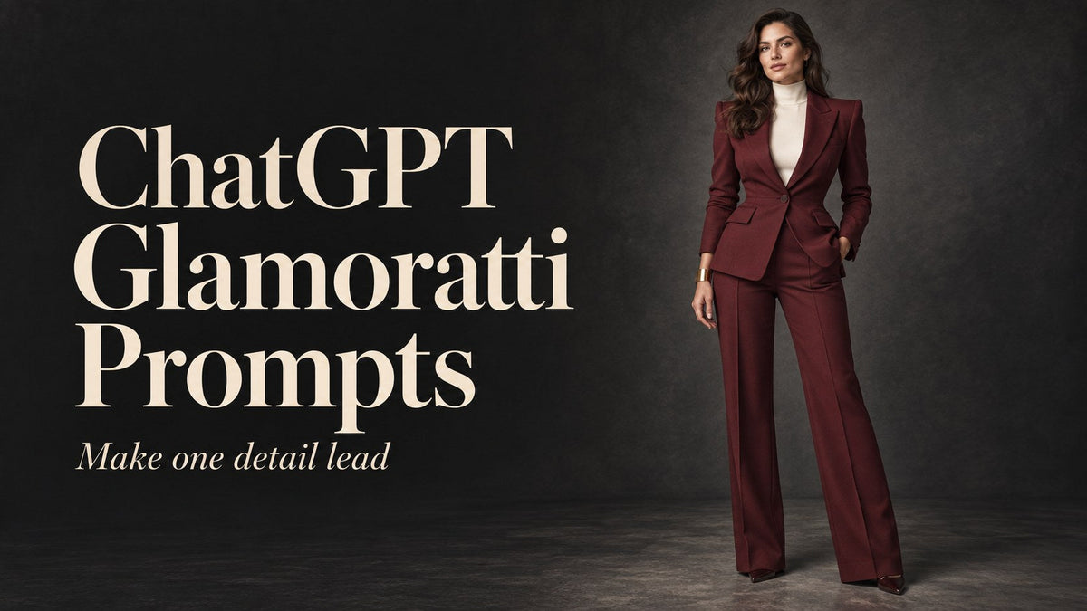 AI-generated woman in a sculpted burgundy trouser suit beside the headline ChatGPT Glamoratti Prompts.