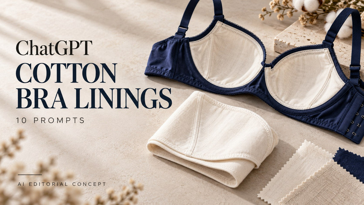 IA-generated garment-only editorial concept: COTTON BRA LININGS, with ChatGPT and 10 prompt text. Fictional adult women's garments, not TryBuy inventory.