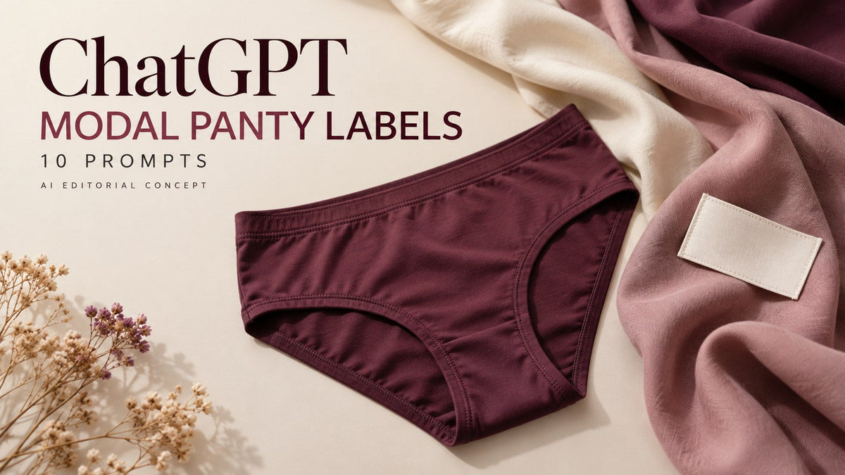 IA-generated garment-only editorial concept: MODAL PANTY LABELS, with ChatGPT and 10 prompt text. Fictional adult women's garments, not TryBuy inventory.