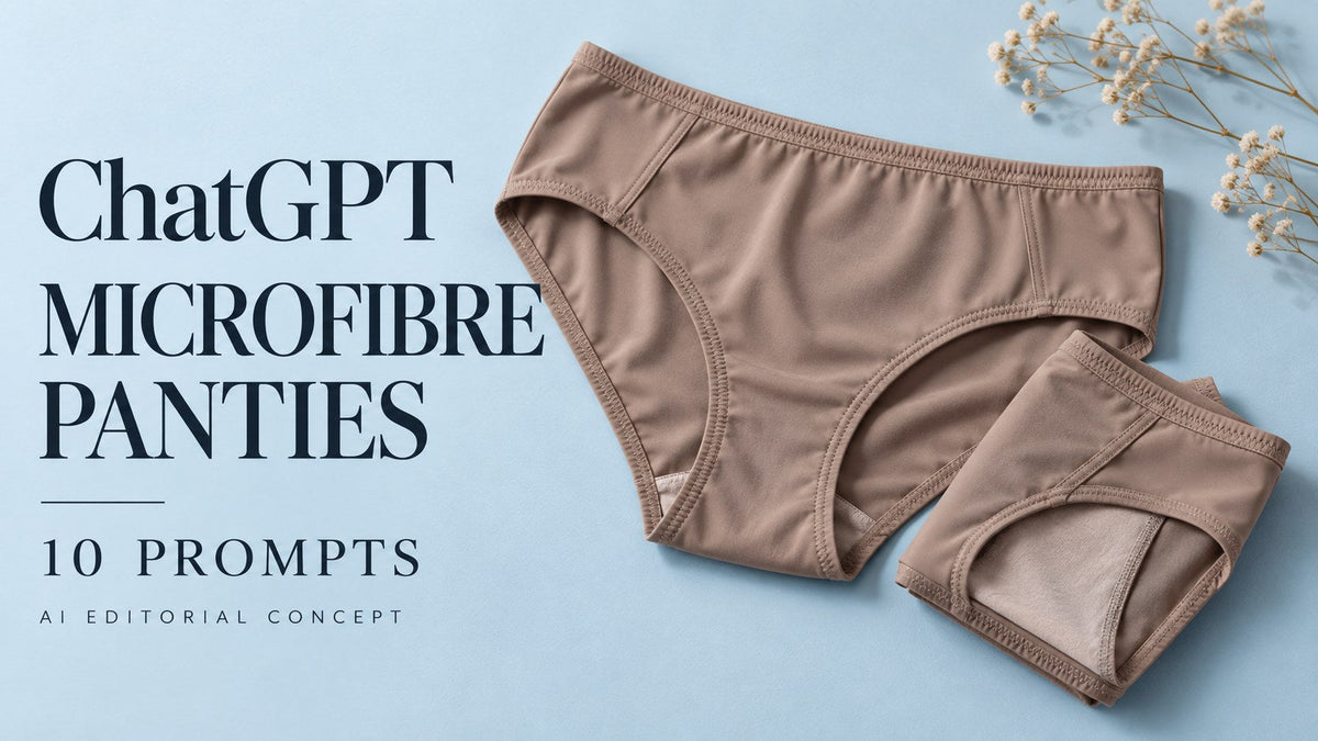 IA-generated garment-only editorial concept: MICROFIBRE PANTIES, with ChatGPT and 10 prompt text. Fictional adult women's garments, not TryBuy inventory.