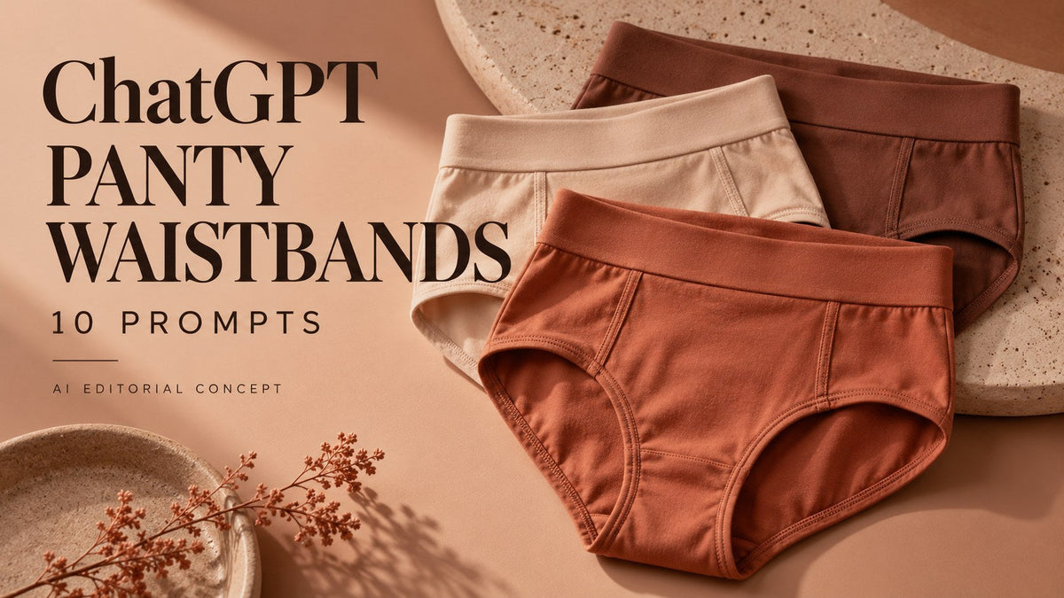 AI-generated garment-only editorial concept: PANTY WAISTBANDS, with ChatGPT and 10 Prompts text. Fictional adult women's garments, not TryBuy inventory.