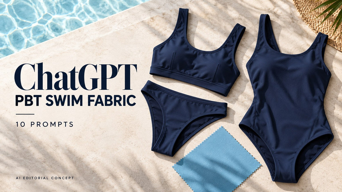 AI-generated garment-only editorial concept: PBT SWIM FABRIC, with ChatGPT and 10 Prompts text. Fictional adult women's garments, not TryBuy inventory.