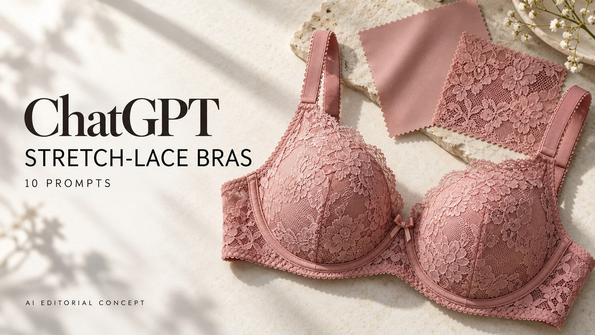 IA-generated garment-only editorial concept: STRETCH-LACE BRAS, with ChatGPT and 10 prompt text. Fictional adult women's garments, not TryBuy inventory.