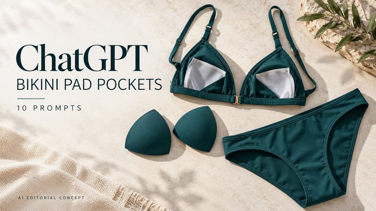KI-generated garment-only editorial concept: BIKINI PAD POCKETS, with ChatGPT and 10 Prompts text. Fictional adult women's garments, not TryBuy inventory.