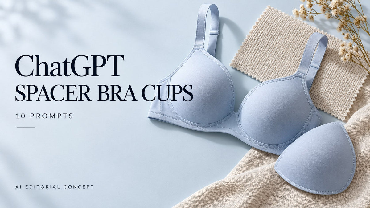 IA-generated garment-only editorial concept: SPACER BRA CUPS, with ChatGPT and 10 prompt text. Fictional adult women's garments, not TryBuy inventory.