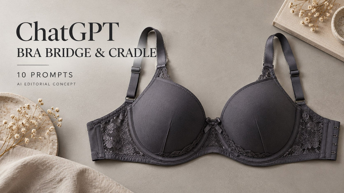 AI-generated garment-only editorial concept: BRA BRIDGE & CRADLE, with ChatGPT and 10 Prompts text. Fictional adult women's garments, not TryBuy inventory.