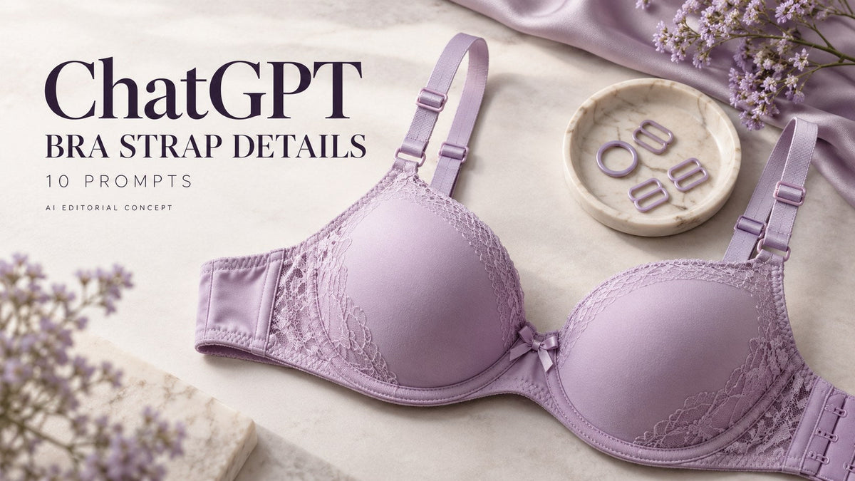 AI-generated garment-only editorial concept: BRA STRAP DETAILS, with ChatGPT and 10 Prompts text. Fictional adult women's garments, not TryBuy inventory.