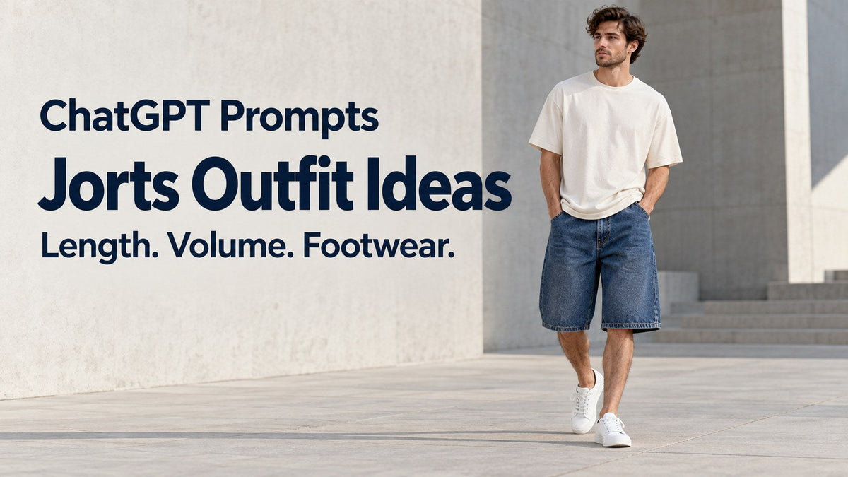 AI-generated adult man in knee-length denim shorts, an ivory T-shirt and white trainers