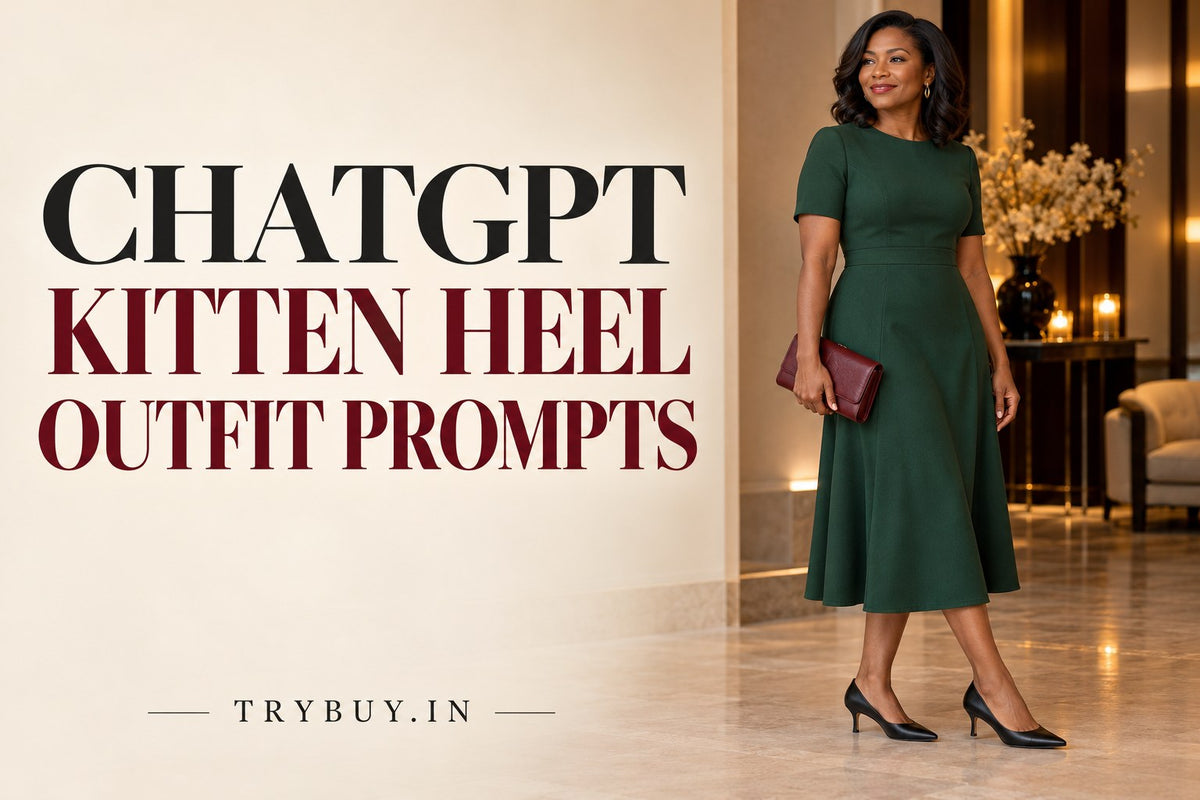 AI-generated editorial concept of an adult woman in a green midi dress and black kitten heels, with the text ChatGPT Kitten Heel Outfit Prompts.