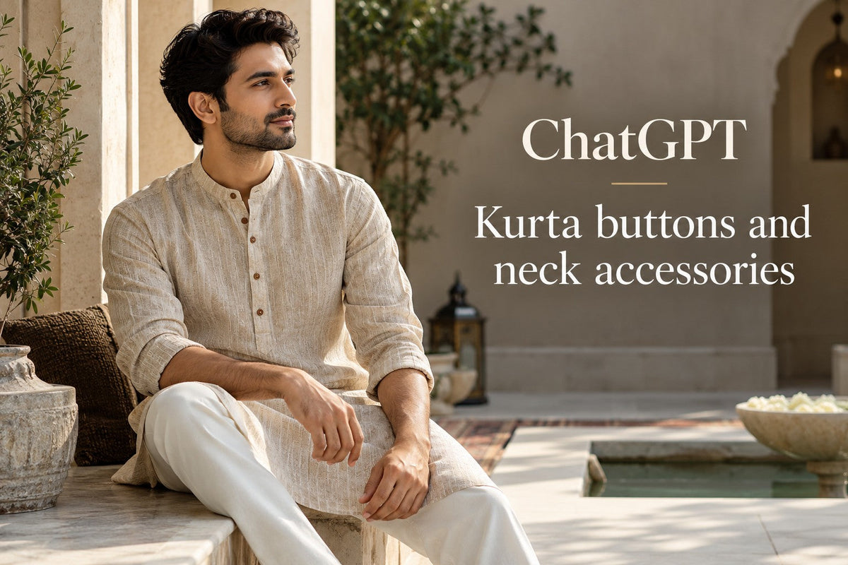 AI-generated editorial concept for Kurta buttons and neck accessories, with readable ChatGPT topic text.